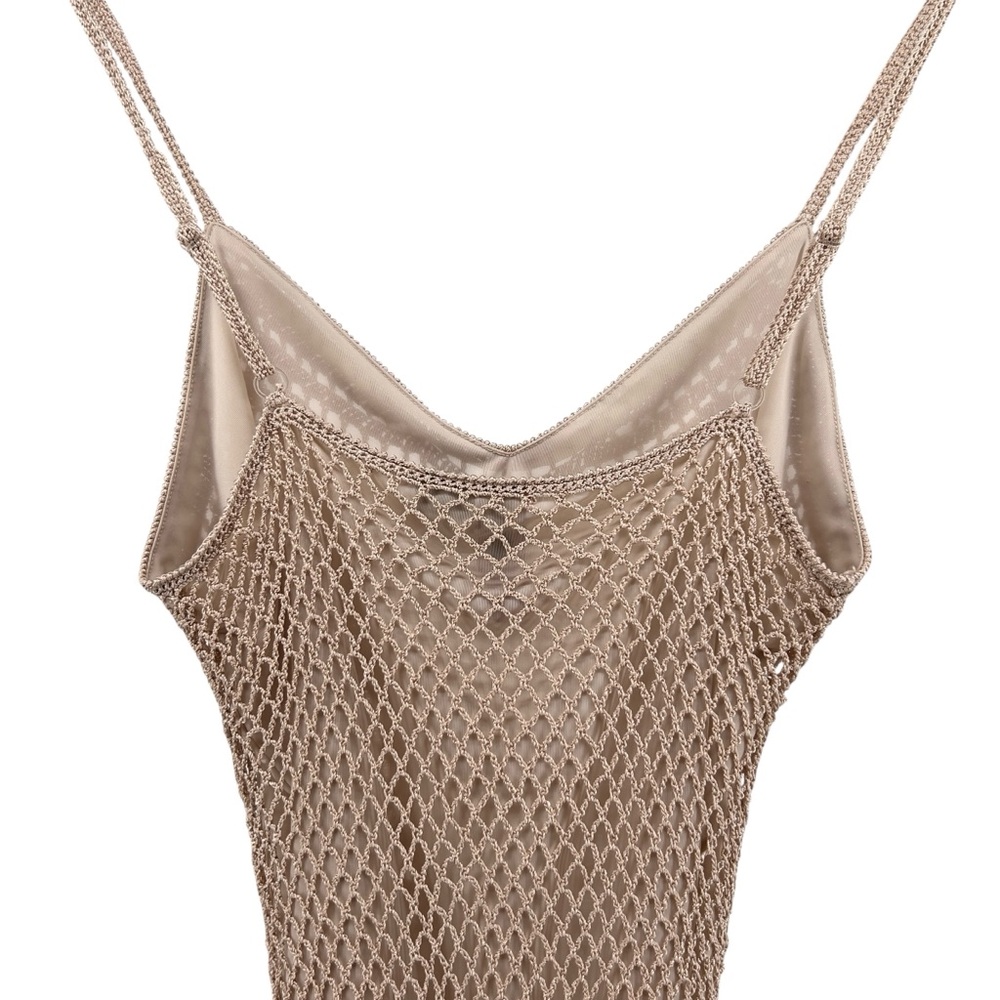 Say What? Y2K Crochet Double Layer Tank Sz L Ribbon Tie Tan Adjustable Strap - Picture 12 of 16